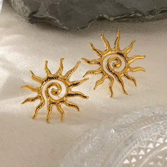 Abstract Sunburst 18K Gold Stainless Steel Earrings - Picture 3 of 14